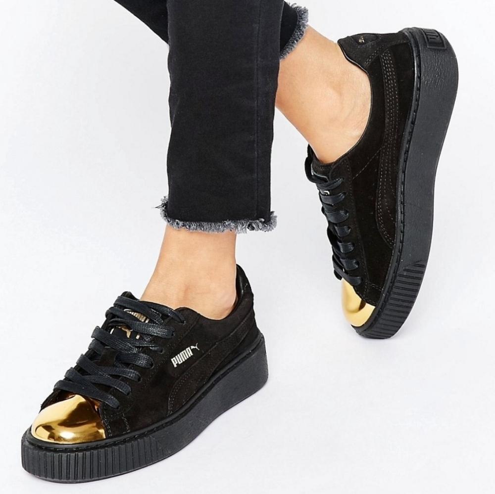 Puma Suede Gold Toe Black Platform Shoes